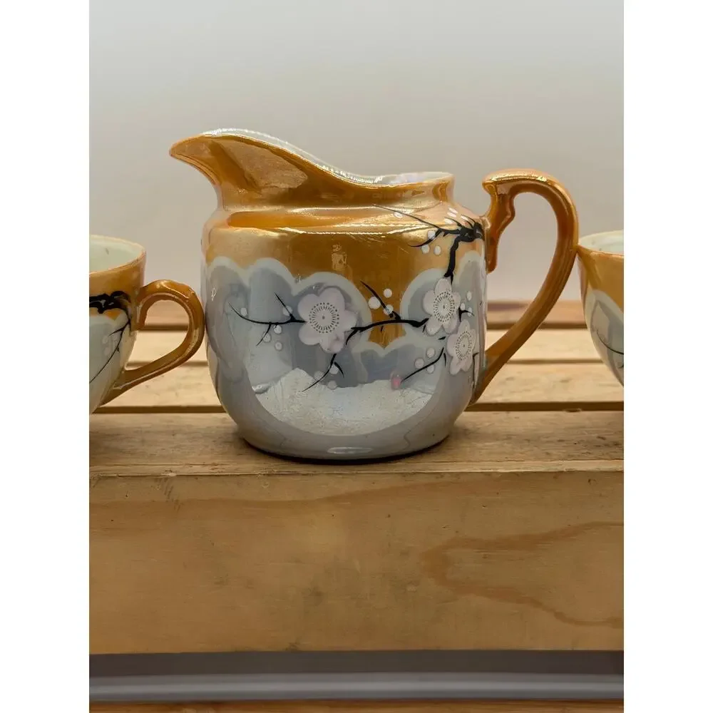 Vintage Hand-Painted Japanese Iridescent Tea Set - Pitcher and Two Cups